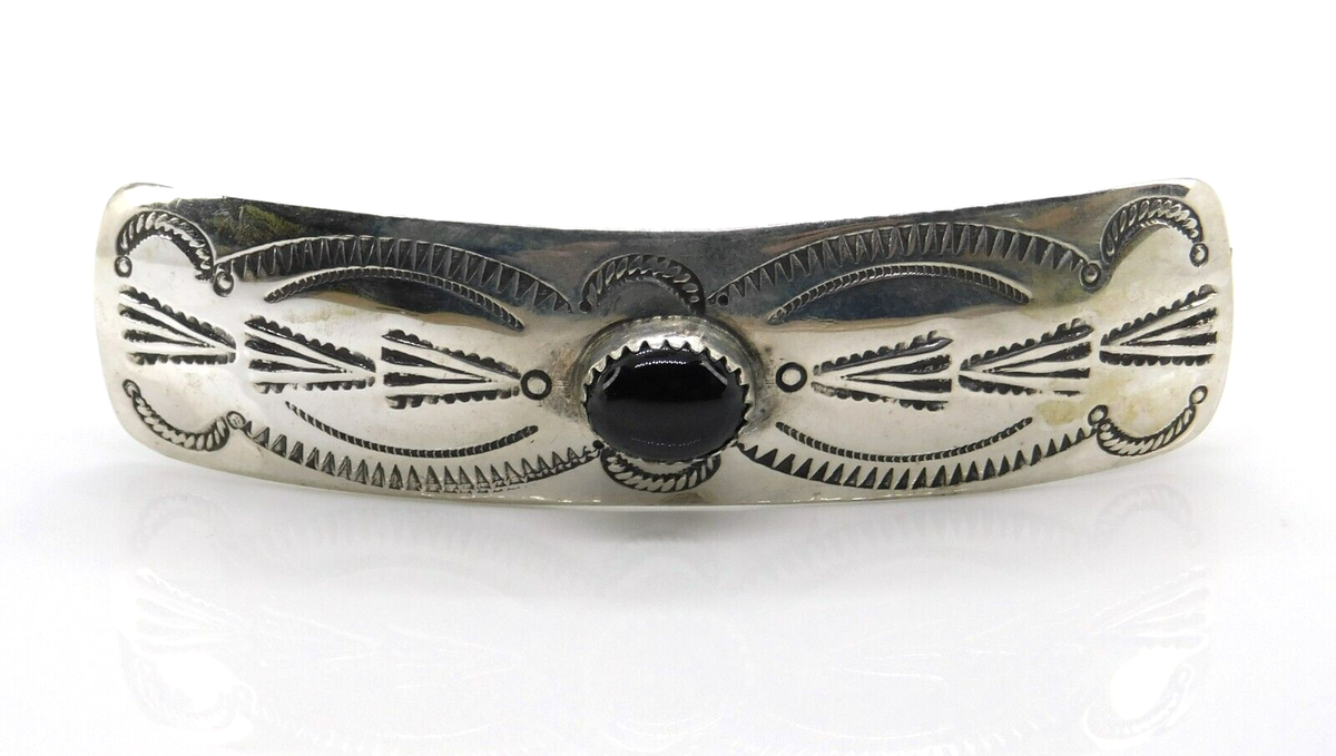 Vintage 925 Sterling Silver Stamped Pattern & Black Onyx 
