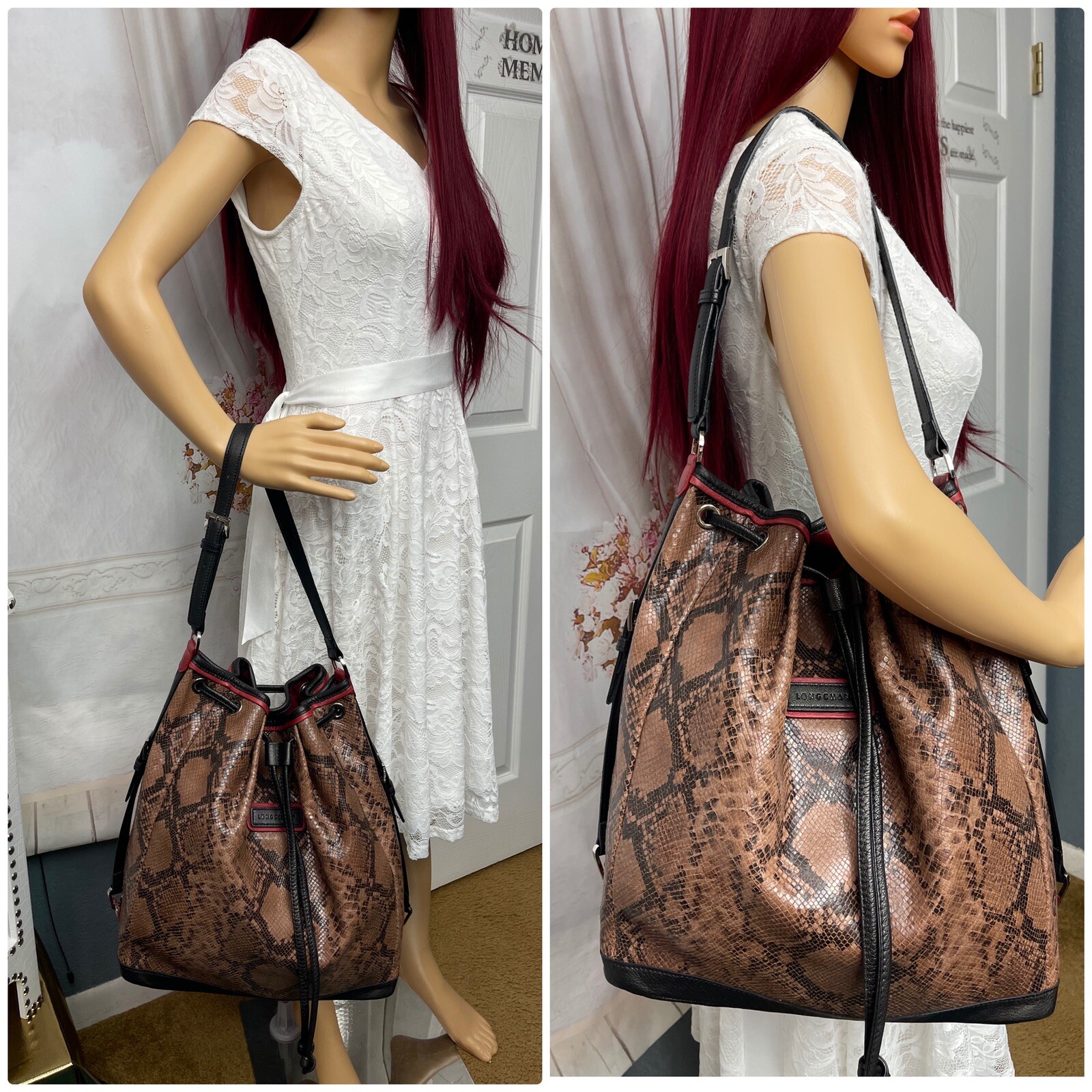 LONGCHAMP PYTHON EMBOSSED LEATHER BUCKET BAG Mint… - image 12