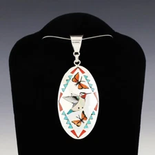 NATIVE AMERICAN ZUNI STERLING SILVER & INLAY HUMMINGBIRD PENDANT BY QUINTIN QUAM