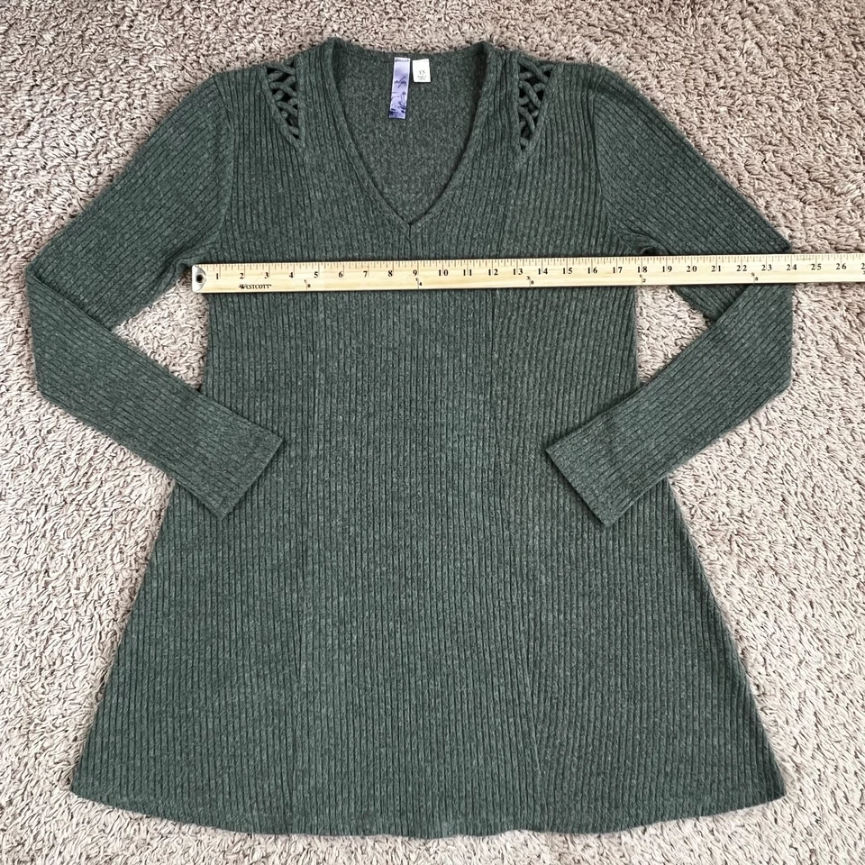 ALYA Sage 绿色针织长袖 A 字 V 领连衣裙女式 XS 挖肩 — 第 2/4 张图片