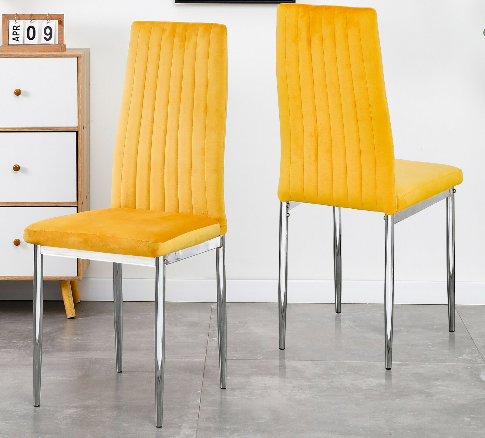Dining Chairs Set of 2 Yellow / Mustard Velvet Chrome Metal Legs Home