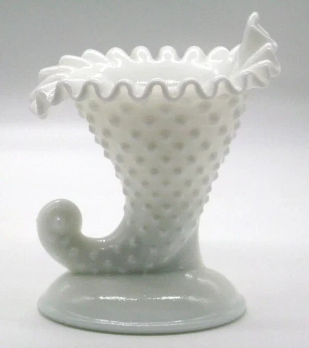 Vintage Fenton White Milk Glass Hobnail Ruffle Edge Cornucopia Candle Holder
