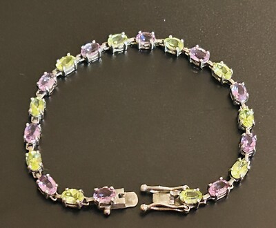 Francis Adam 925 Sterling Silver  Vintage Peridot  & Amethyst Chain Bracelet  7 