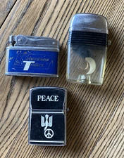 3 vintage lighters Penguin Scripto Sarome peace fishing fly Japan