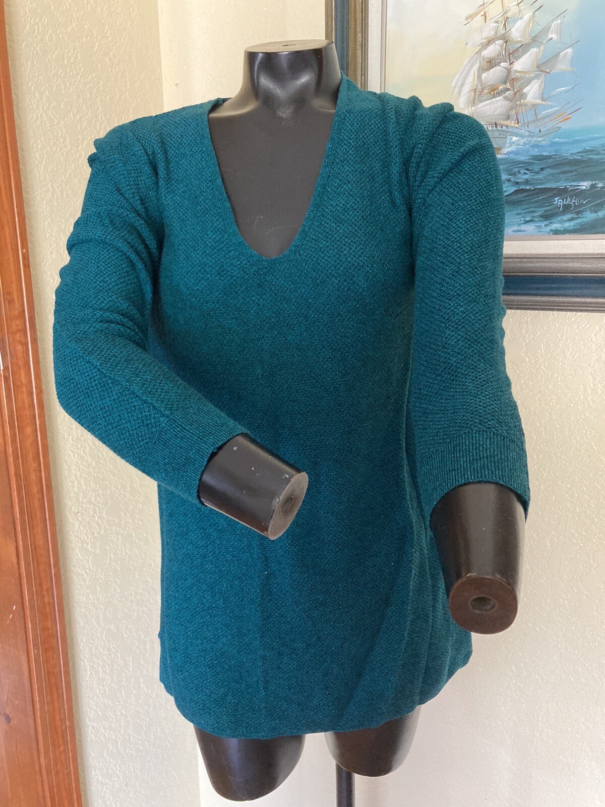 Old Navy Women M Emerald Green  Longline Tunic Pullover Textured V-Neck Sweater