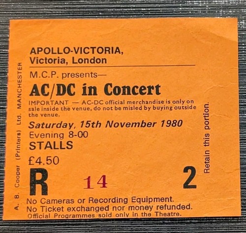 *RARE* AC/DC Concert Ticket 15th Nov 1980 Apollo Victoria London