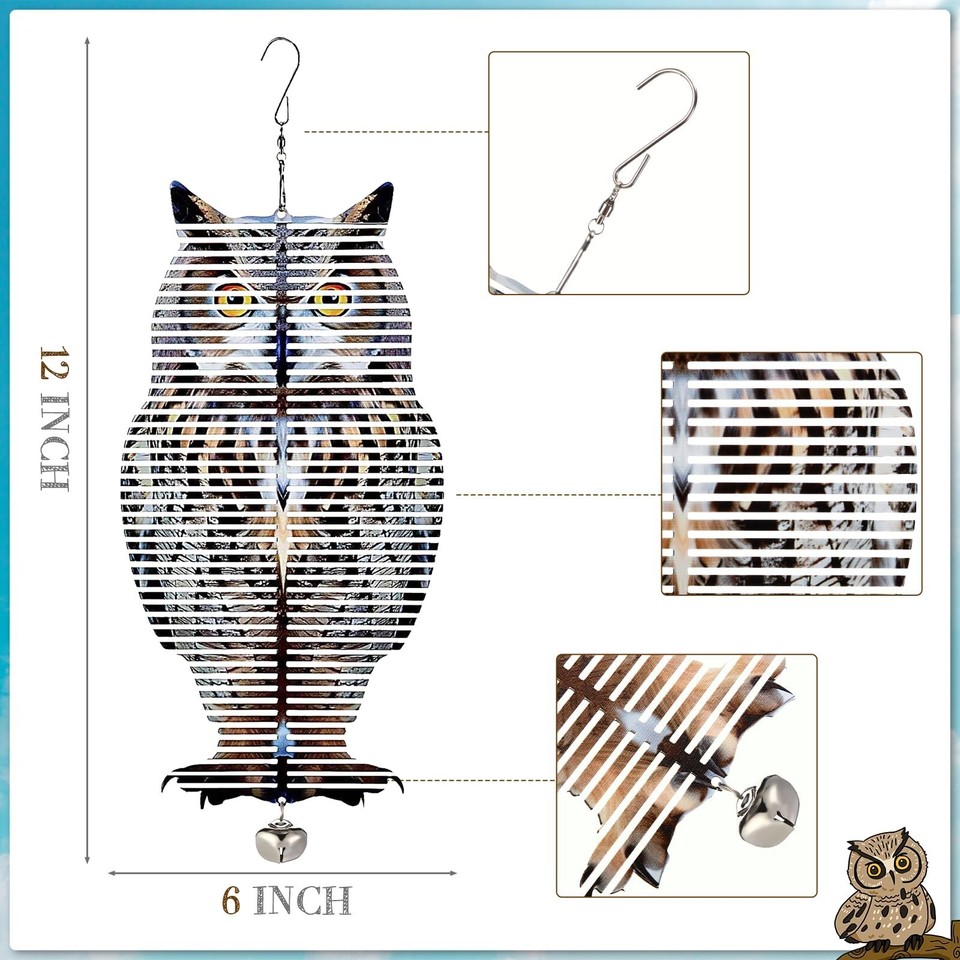 2 Pcs 2 in 1 Fake Owl to Keep Birds Away Owl Wind Spinners Metal Double