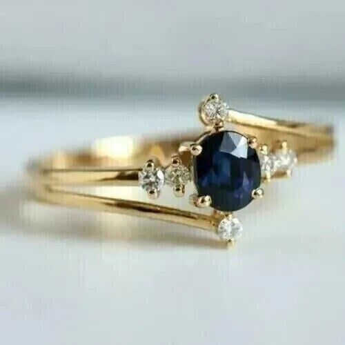 2Ct Oval Lab Created Sapphire & Diamond Engagement Ring 14K Yellow Gold Plated - Picture 1 of 9