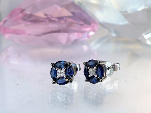 Pendientes En 585 Wg - 8 Zafiros 0,74 CT Diamantes 0,02 Qt. Tw / Si Nuevo - Imagen 5 de 5