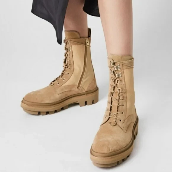 Allsaints Beth Canvas Suede Combat Boots Sand NEW Size 10 Womens