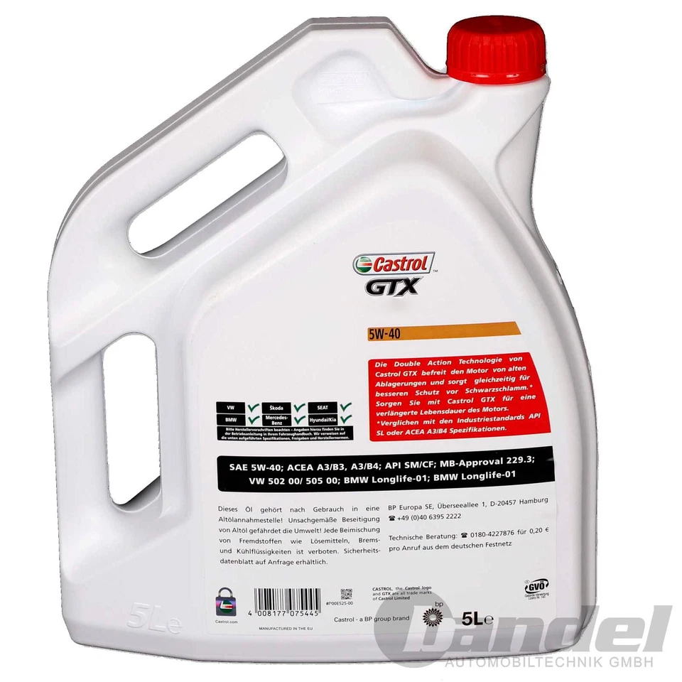 10L CASTROL GTX 5W40 A3/B3 OL Adatto Per VW 502/505.00 BMW LL01 MB 229.3 RN0710 - Immagine 2 di 3