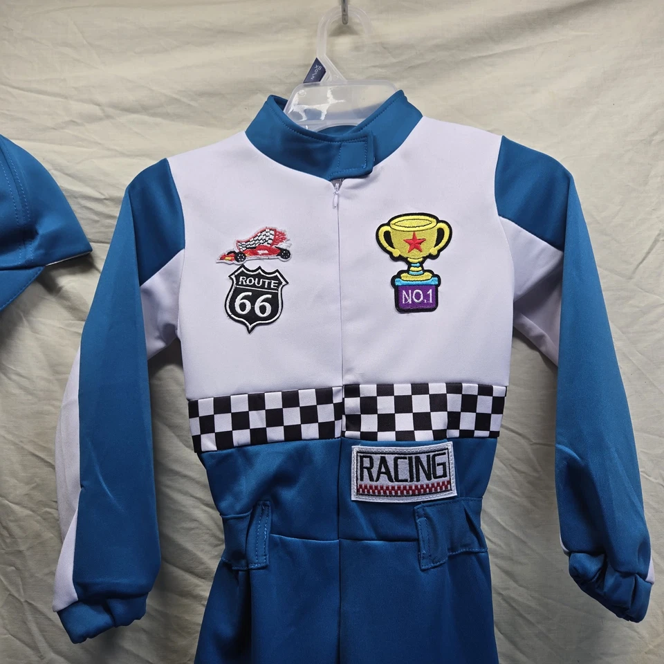 Disfraz de carreras de autos para niños PEQUEÑO con SOMBRERO, 2 BANDERAS, gafas de sol y mono MEDALLA Foto 2 de 4