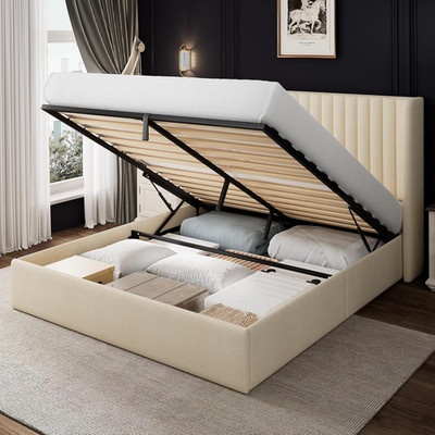 Full Size Lift up Storage Bed with Wingback Headboard, Upholstered Linen Bed Fra