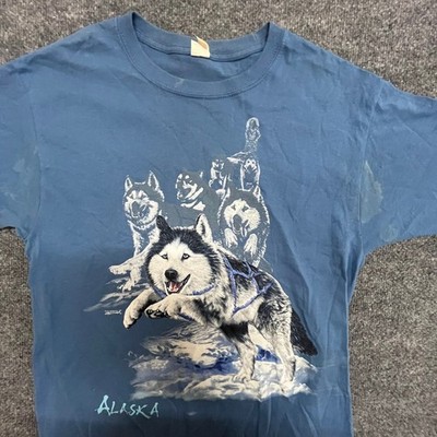 Gildan T-Shirt Mens Size M Blue Alaska Husky Sled Dog Graphic Nature Distressed