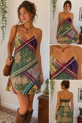 Boho Patchwork Tie Dye Slip Dress Women s Large Fairy Grunge Festival