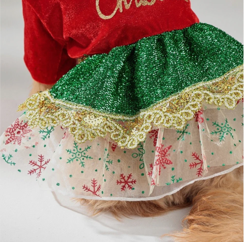 Christmas Dog Dress – Red & Green “Merry Christmas” Outfit with Gold size M - Image 3 of 4