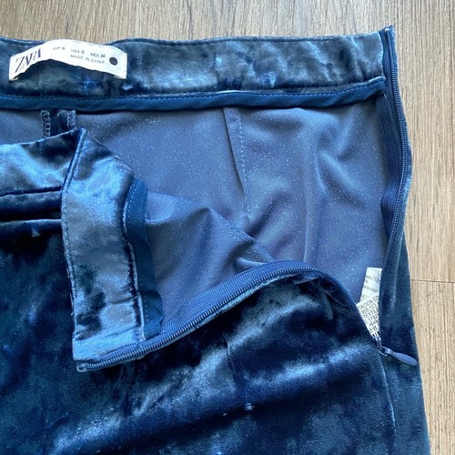 Zara Pantalone Svasato Velour Donna S Blu Metallizzato Elasticizzato Zip Laterale Whimsygoth Y2K - Foto 5 di 6