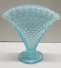 Vtg 1940s Fenton Art Glass Blue Hobnail Opalescent Ruffled Edge 4" Fan Bud Vase