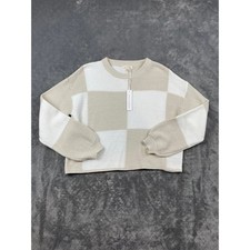 Moon Madison Checkerboard Knit Sweater Beige White Crew Neck Long Sleeve Sz M