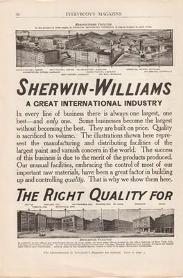 2 PAGE 1907 SHERWIN-WILLIAMS PAINT AND VARNISH AD-MANY FACTORIES