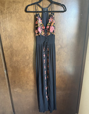 Forever 21 Black Floral Embroidered V-Neck Strappy Backless Maxi Dress S