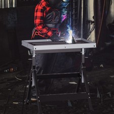 Folding Welding Table with Tabletop 2 Fixed Wheels 4-Level Height 5 Tilting