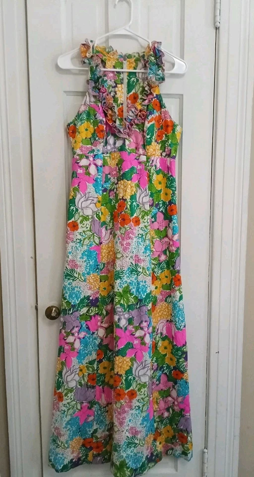 Maxi Vestido De Colección Shifts Internationale Miami Años 70 Pastel Tropical Floral Mod 14 A1 Foto 2 de 4