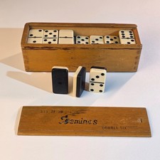 Vintage Dominoes Set of 28 Double Six Complete with Original Wooden Slide Box