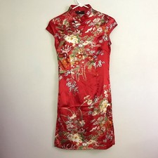 Womens Cheongsam Red Floral Pattern Sz S Short Cap Sleeve Chinese Gown Dress