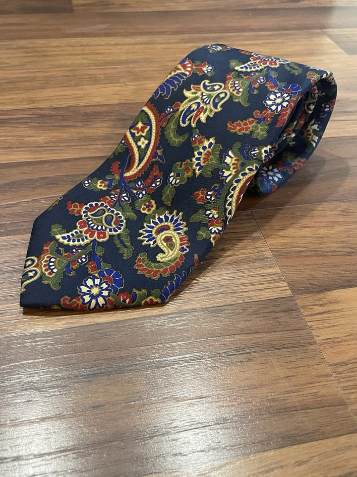 Corbata de lino Lands End vintage para hombre 100 % seda hecha en EE. UU. - azul marino cachemir Foto 3 de 4