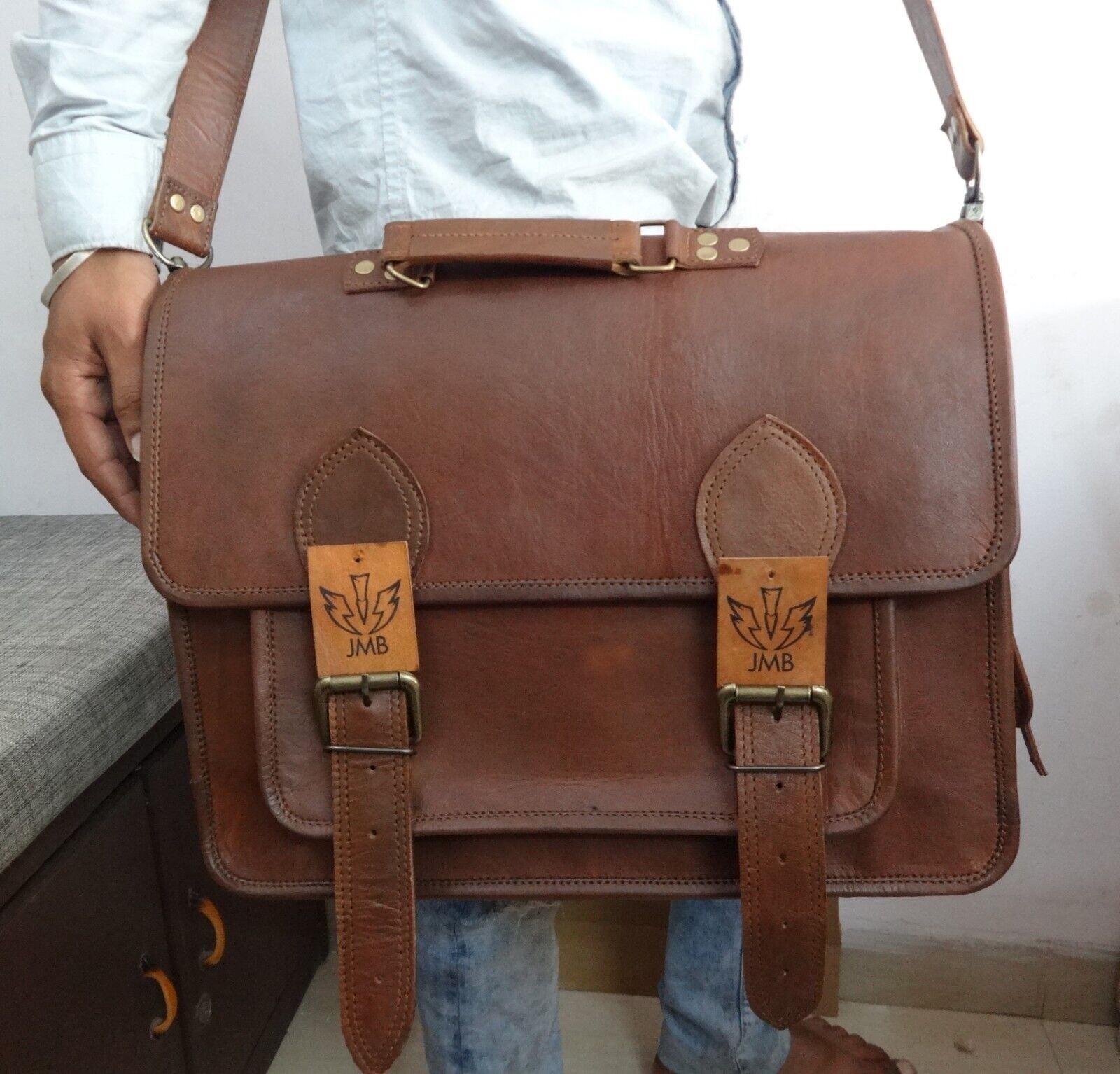 16" Vintage Hombre Maletín Cuero Auténtico Bandolera Mensajero Portátil