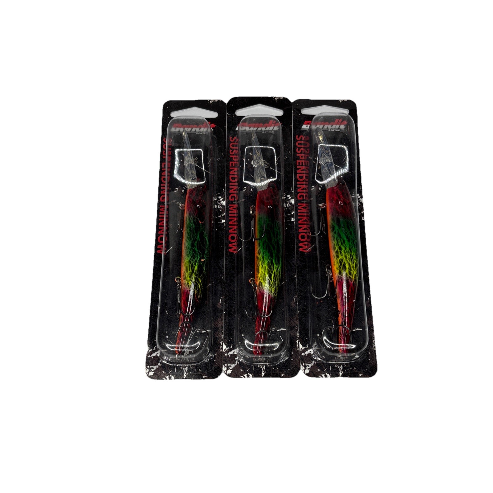 Lot of (3) Bandit Lures Suspending Minnow, 3/4 oz, 4-5/8" Red/Grn/Ylw/Blk Lace