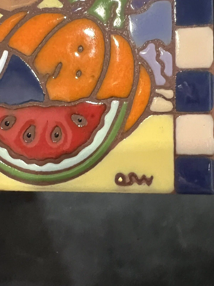 Earthtones "Fruit" Tile Harvest Sunflowers Hand Painted Trivet 6"x6" Signed - Image 3 of 4