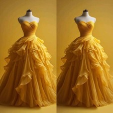 Yellow Wedding Dresses Tulle Strapless Ruffles Sleeveless A Line Bridal Gowns