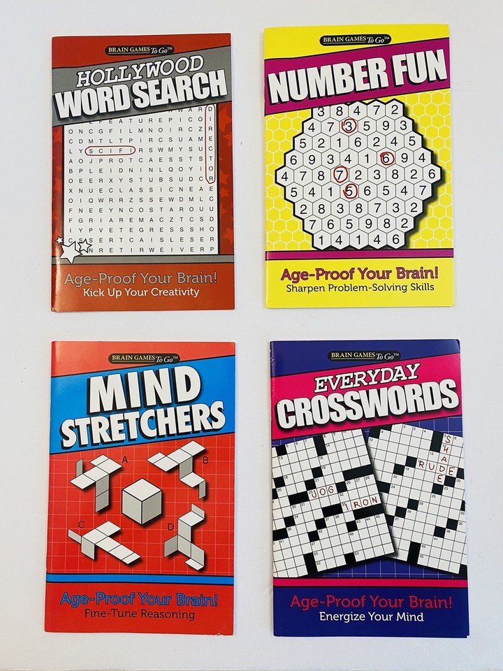 Brain Games To Go Books Booklets Crossword Puzzles Word Games Lot of 4