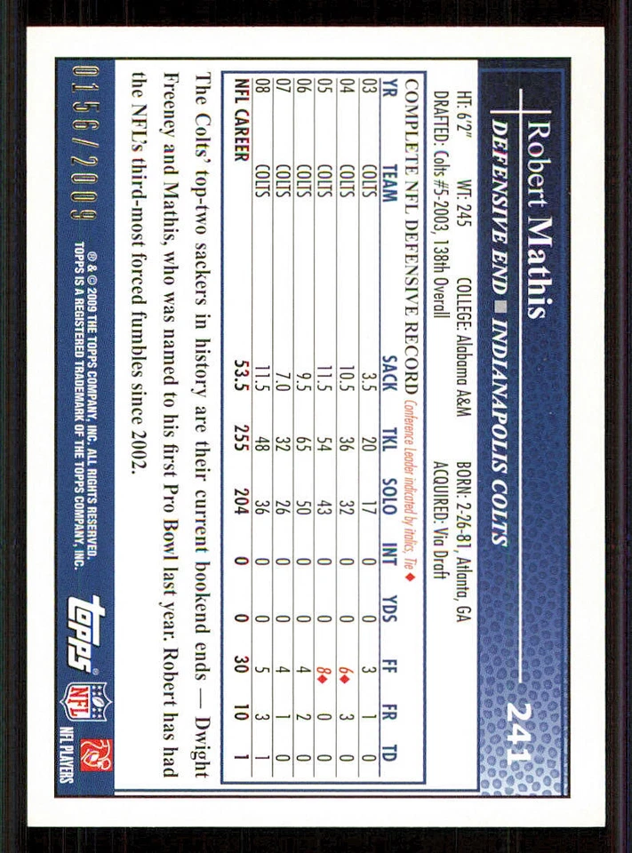2009 Topps Gold #241 Robert Mathis /2009 - Image 2 of 2