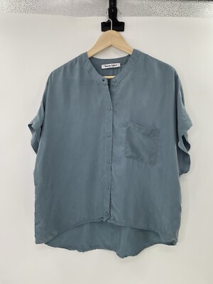 Sleeping In Sound Women s Blue Button Down Cupro/Tencel Blend Soft Blouse