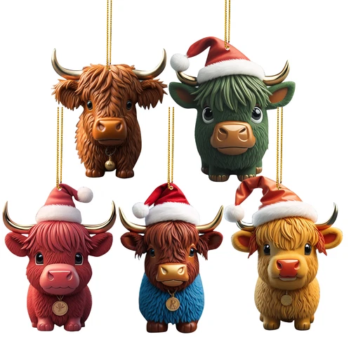 5 pièces ornement de vache Highland acrylique Highland vache voiture sapin de Noël décoration suspendue - Photo 2/12