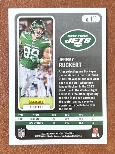 2022 Panini Absolute Jeremy Ruckert Rookie Card #169 Jets Sports Hobby RC - Picture 2 of 2