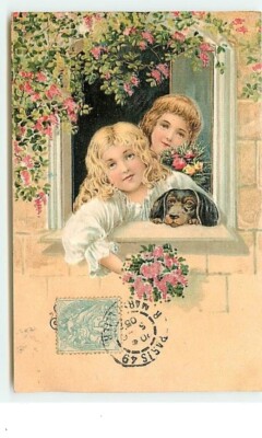 Embossed Card - Children and a Dachshund with a Window - 12722