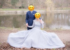 GREY BALL GOWN With LONG TRAIL, DESIGNER 3D FLOWERS Fits Size 10