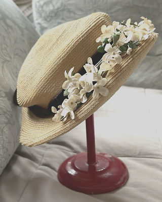 1940s VINTAGE STRAW HAT w/ Ivory Silk Flowers/Leaves/Brown  display picture 1