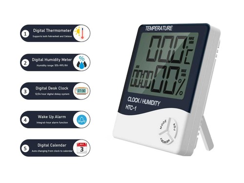 Digitale multifunktionale Schreibtischuhr mit Thermometer, Luftfeuchtigkeitsprüfer, Alarm... - Bild 2 von 2