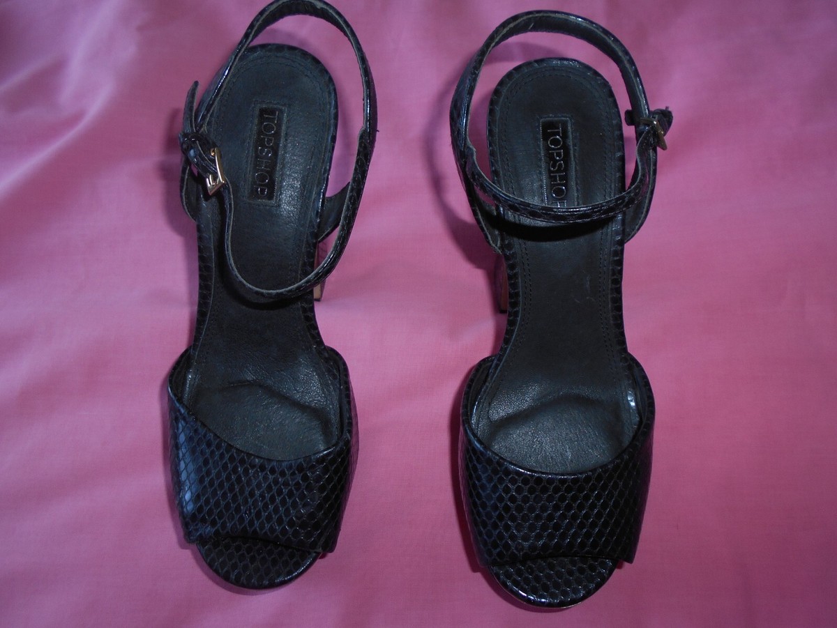 Topshop black faux leather snakeskin effect open toe sling back platform