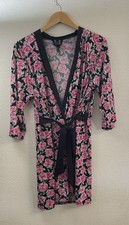 Laura Ashley Floral Kimono black Robe Pink roses attached belt feminine M