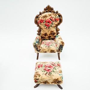 Vintage 1978 C&E Martin Artisan Dollhouse Chair & Ottoman 1:12 Signed Floral Set