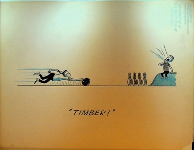 Lee DeGroot Original Art Man Bowling Sliding Down Lane Boy Yells Timber Pins