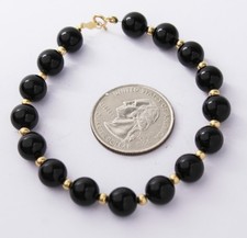 Vintage 14K Solid Gold Black Onyx 8 mm Beads Bracelet 7"