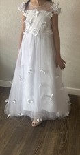 Girls White Tulle Floor-Length Formal Dress 3D Floral Applique Size 16