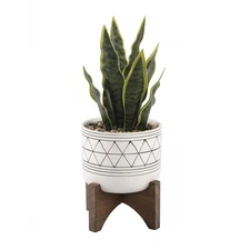 Flora Bunda 12" Artificial Snake Plant in Geo Ceramic Pot with Wooden Stand